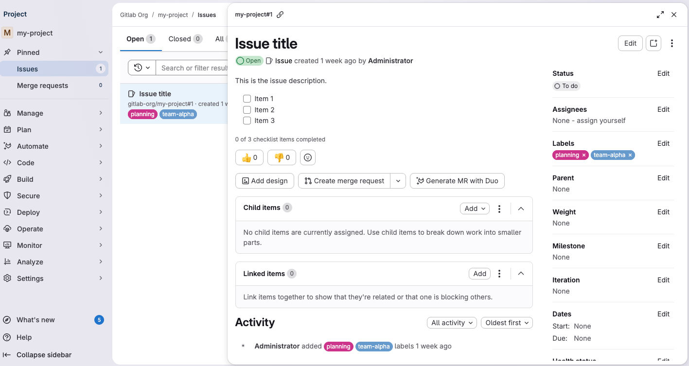 Issue opened in a panel covering part of the Issues panel.